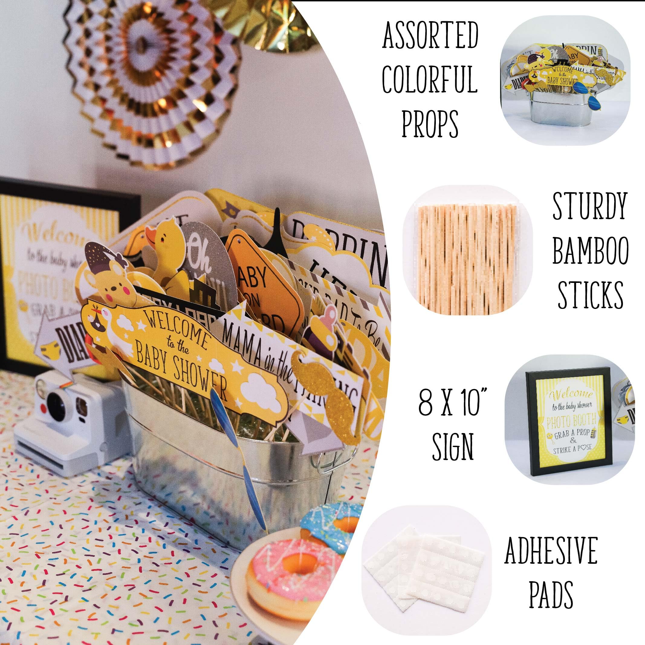 Baby Shower Photo Booth Props - 41-Pc Photo Booth Kit With 8 X 10-Inch Sign, 60 Adhesive Pads, 45 Sticks - Baby Shower Decoratio